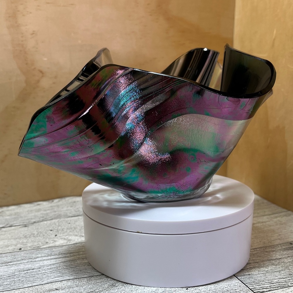 Vintage Iridescent Abstract Handkerchief Purple Black Art Glass
